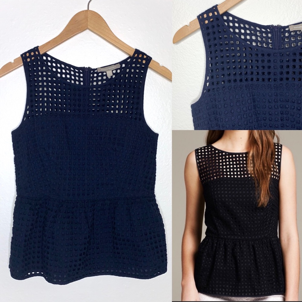Banana Republic Women’s Box Eyelet Peplum Sleeveless Top Navy Blue